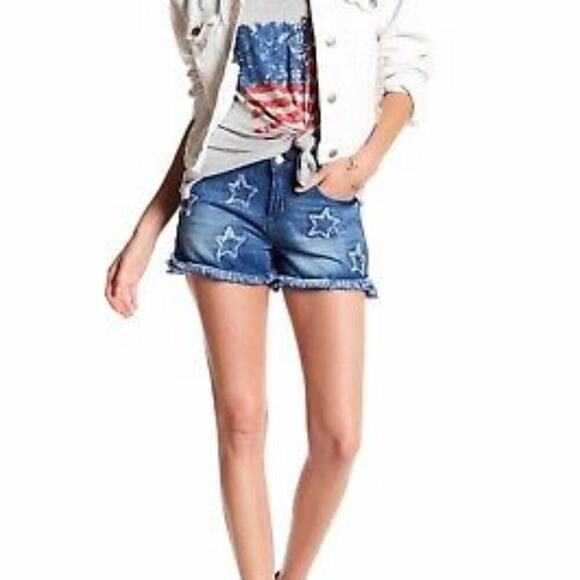 JESSICA SIMPSON JOURNEY Denim Shorts Star Applique Frayed Hem Blue Jean Festival - Picture 3 of 11